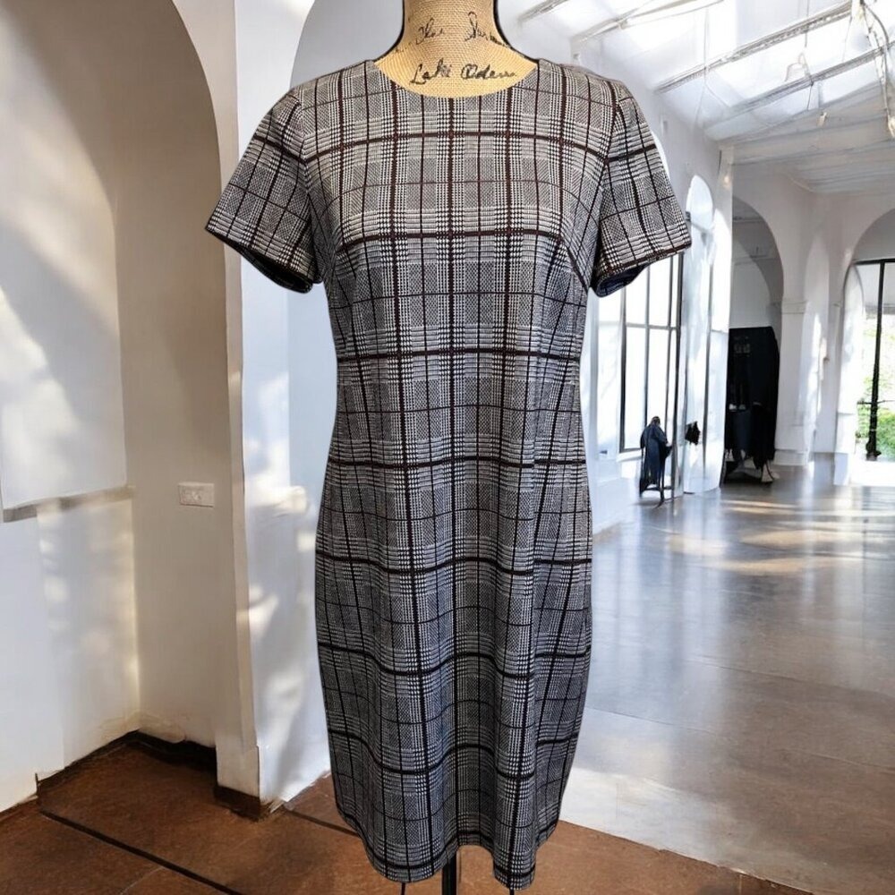 Calvin Klein Short Sleeve Glen Plaid Ponte‎ Knit Shift Dress Size 10